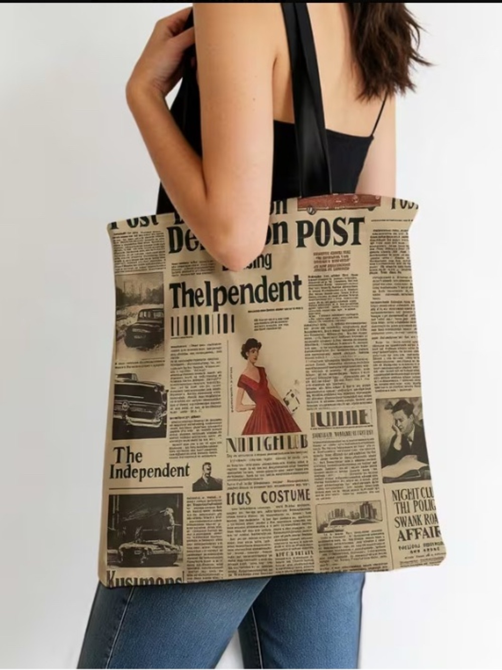 Vintage Newspaper Print Tote Bag in Beige